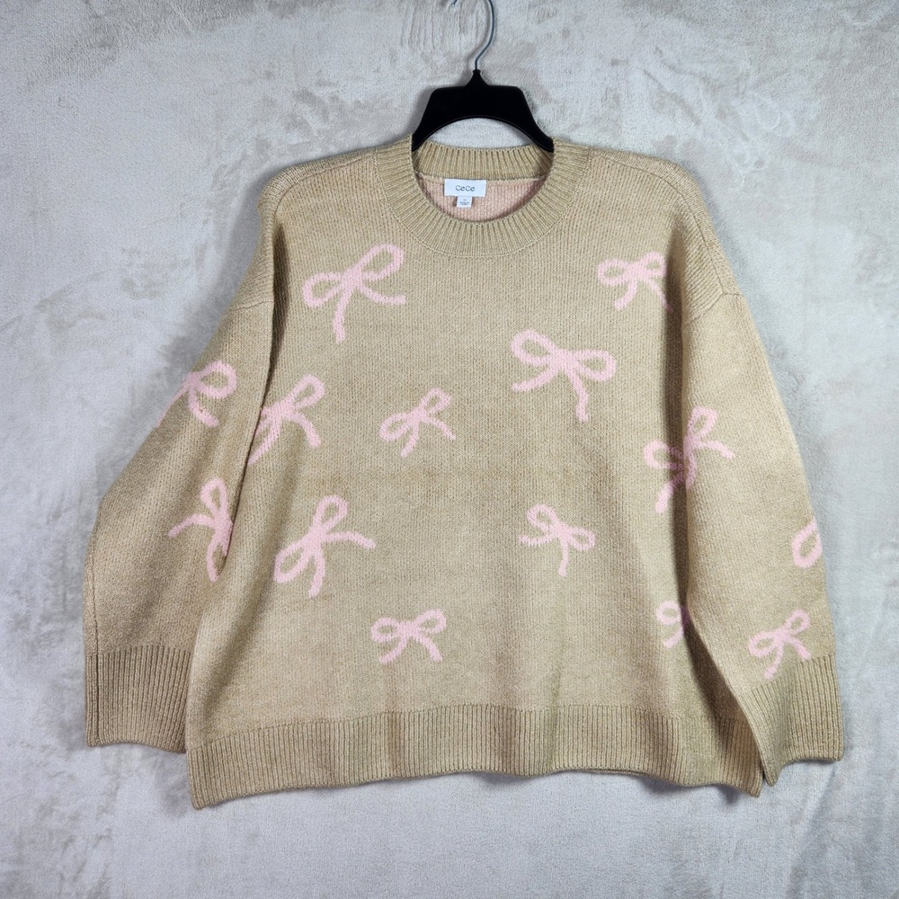 CeCe Bow Sweater Womens 2X Coastal Beige Pink Knit Pullover Coquette Cottagecore